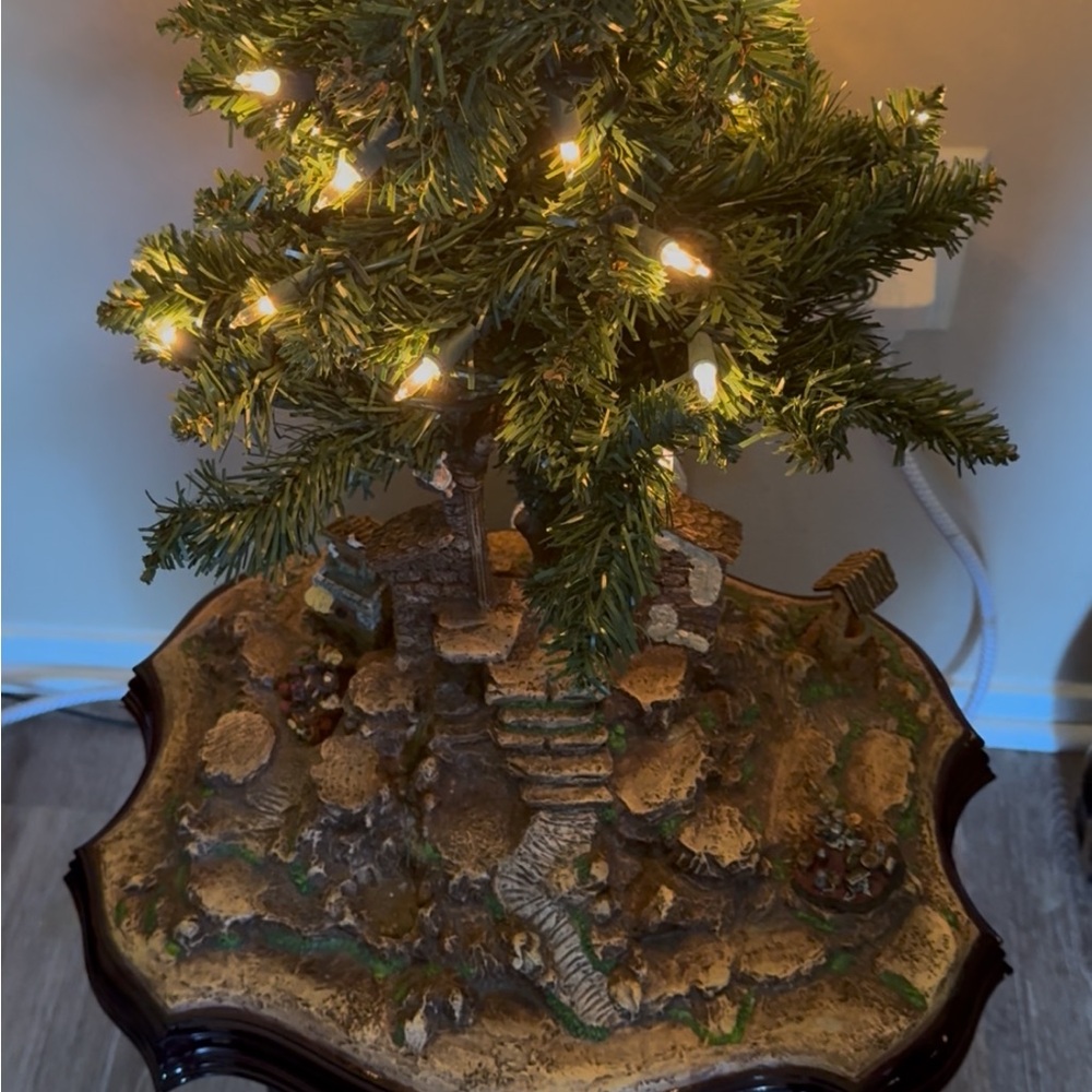 Festive Illuminated Holiday Tree with Village Scene Hawthorne silent night